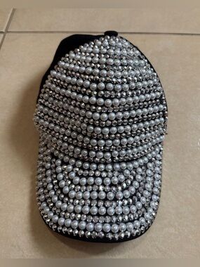 Women’s Black Bling Cap White Pearls Silver Rhinestones OS